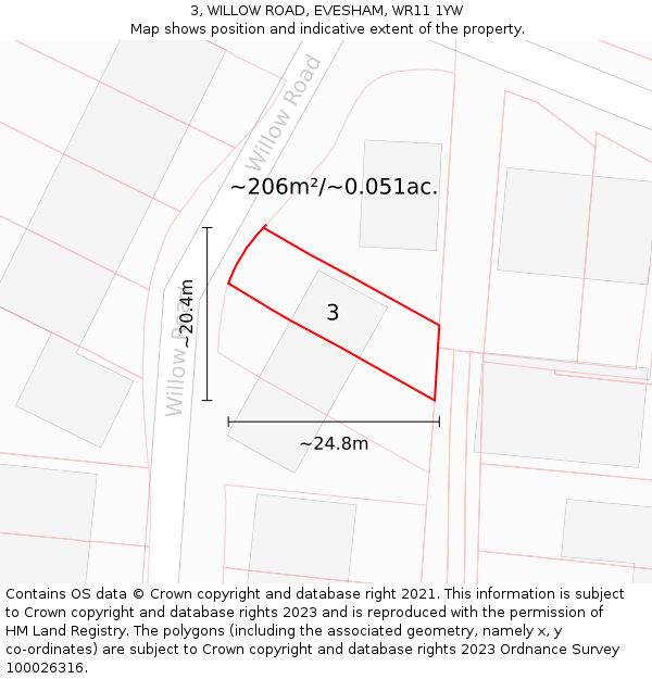 3, WILLOW ROAD, EVESHAM, WR11 1YW: Plot and title map
