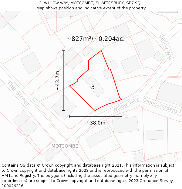 3, WILLOW WAY, MOTCOMBE, SHAFTESBURY, SP7 9QH: Plot and title map