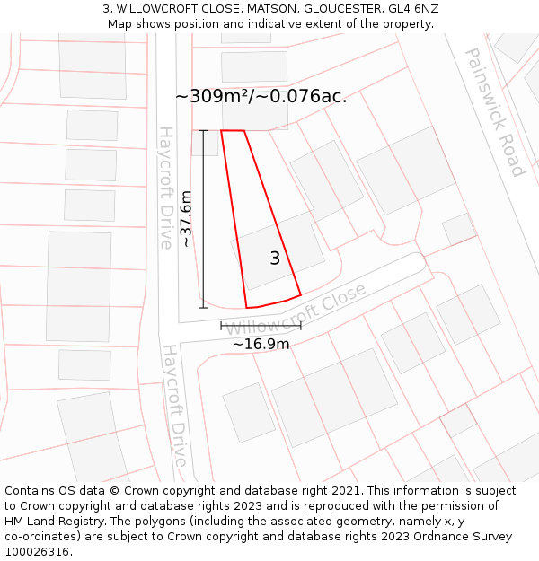 3, WILLOWCROFT CLOSE, MATSON, GLOUCESTER, GL4 6NZ: Plot and title map