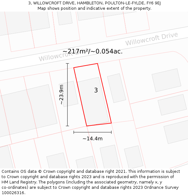 3, WILLOWCROFT DRIVE, HAMBLETON, POULTON-LE-FYLDE, FY6 9EJ: Plot and title map