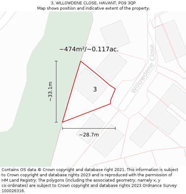 3, WILLOWDENE CLOSE, HAVANT, PO9 3QP: Plot and title map
