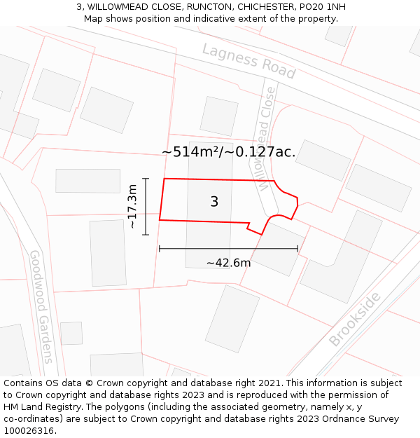 3, WILLOWMEAD CLOSE, RUNCTON, CHICHESTER, PO20 1NH: Plot and title map