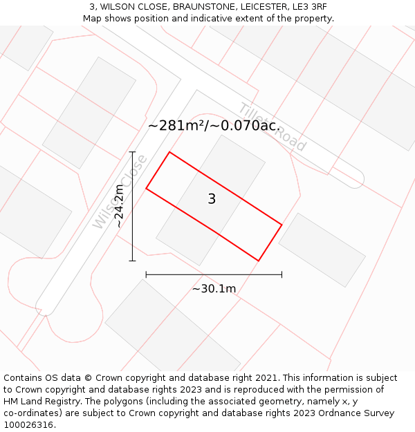 3, WILSON CLOSE, BRAUNSTONE, LEICESTER, LE3 3RF: Plot and title map
