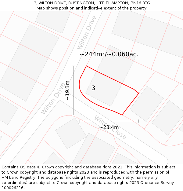 3, WILTON DRIVE, RUSTINGTON, LITTLEHAMPTON, BN16 3TG: Plot and title map