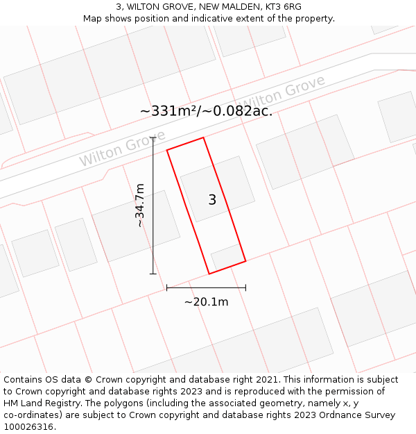 3, WILTON GROVE, NEW MALDEN, KT3 6RG: Plot and title map