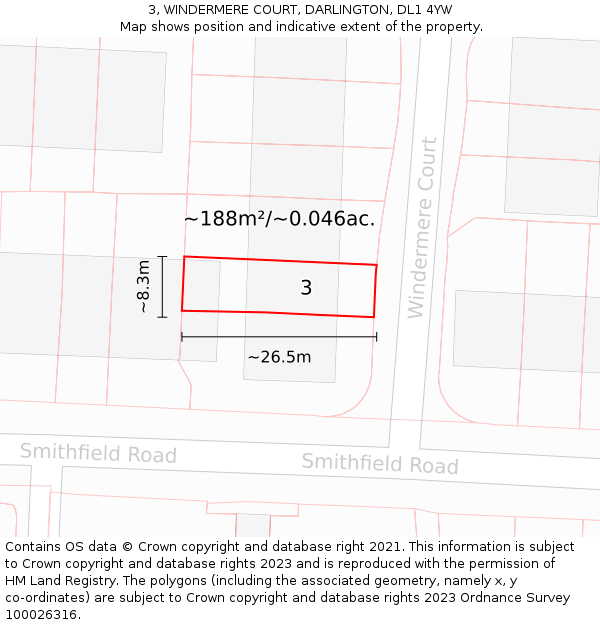 3, WINDERMERE COURT, DARLINGTON, DL1 4YW: Plot and title map
