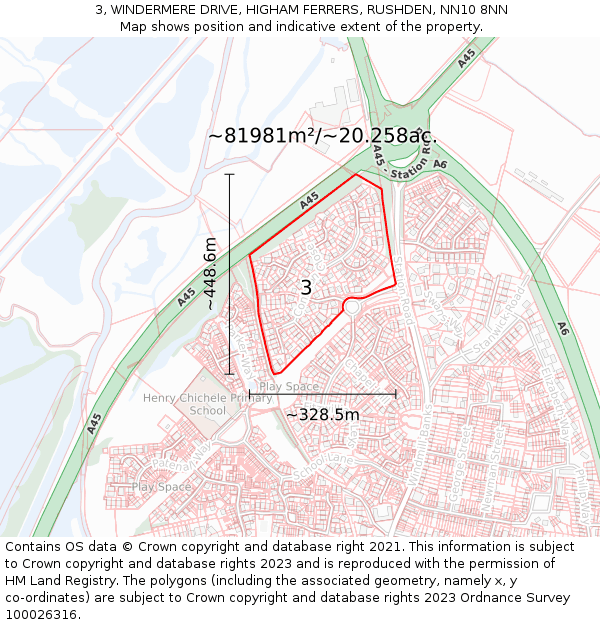 3, WINDERMERE DRIVE, HIGHAM FERRERS, RUSHDEN, NN10 8NN: Plot and title map