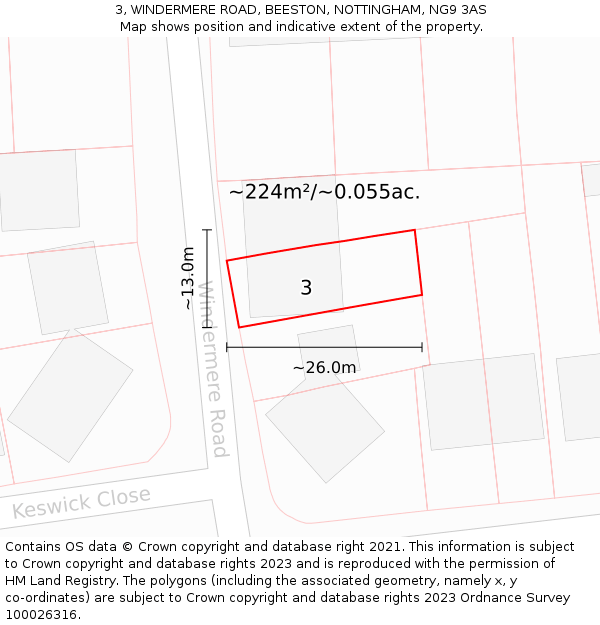 3, WINDERMERE ROAD, BEESTON, NOTTINGHAM, NG9 3AS: Plot and title map