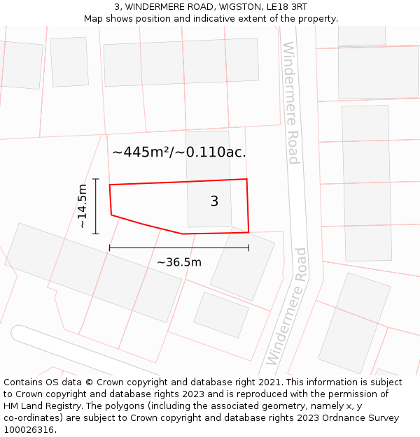 3, WINDERMERE ROAD, WIGSTON, LE18 3RT: Plot and title map