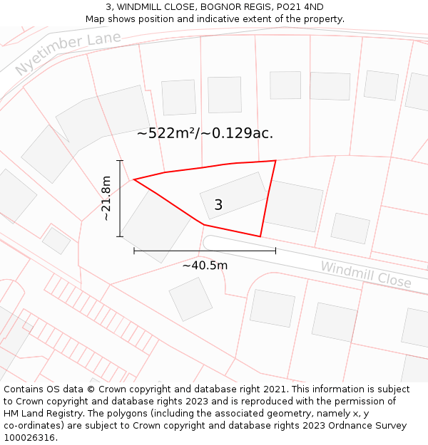 3, WINDMILL CLOSE, BOGNOR REGIS, PO21 4ND: Plot and title map