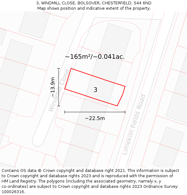 3, WINDMILL CLOSE, BOLSOVER, CHESTERFIELD, S44 6ND: Plot and title map