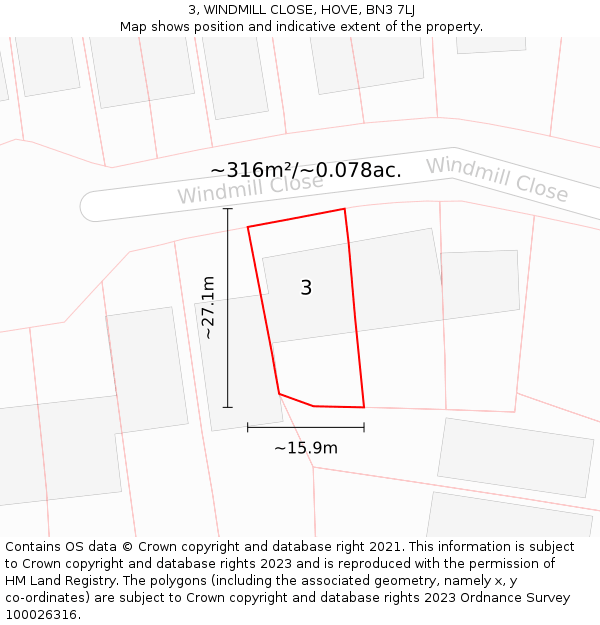 3, WINDMILL CLOSE, HOVE, BN3 7LJ: Plot and title map