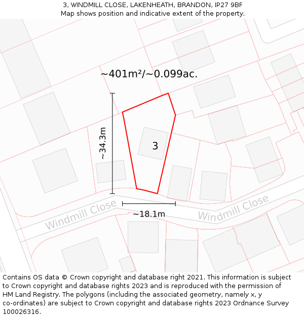 3, WINDMILL CLOSE, LAKENHEATH, BRANDON, IP27 9BF: Plot and title map