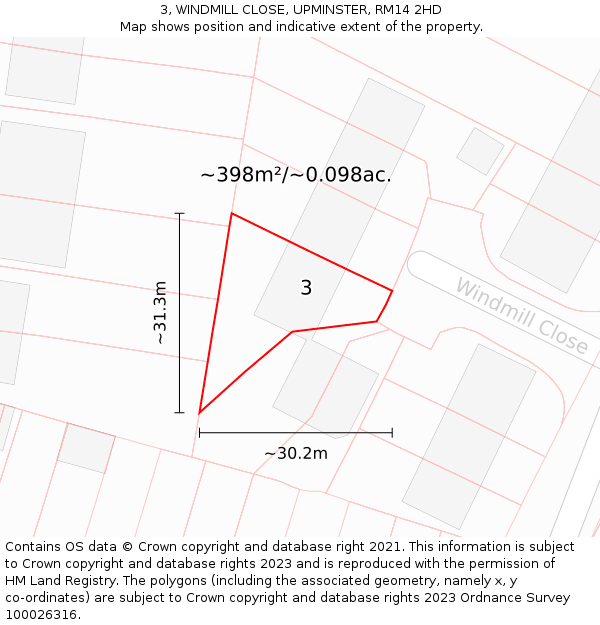 3, WINDMILL CLOSE, UPMINSTER, RM14 2HD: Plot and title map