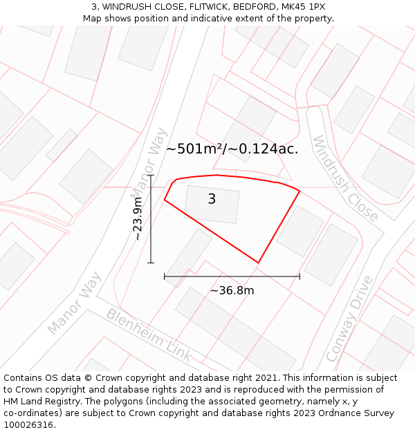 3, WINDRUSH CLOSE, FLITWICK, BEDFORD, MK45 1PX: Plot and title map