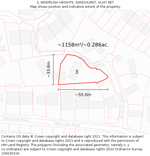 3, WINDRUSH HEIGHTS, SANDHURST, GU47 8ET: Plot and title map