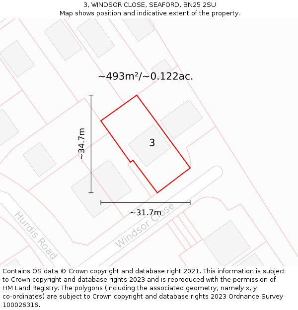 3, WINDSOR CLOSE, SEAFORD, BN25 2SU: Plot and title map