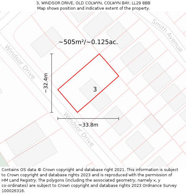3, WINDSOR DRIVE, OLD COLWYN, COLWYN BAY, LL29 8BB: Plot and title map