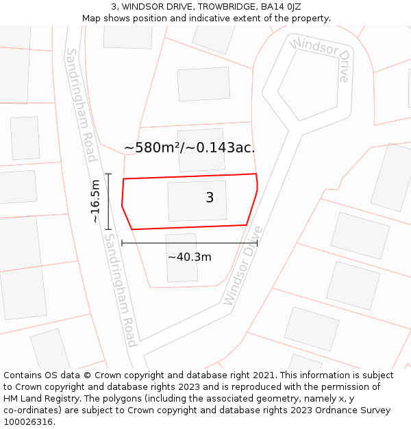 3, WINDSOR DRIVE, TROWBRIDGE, BA14 0JZ: Plot and title map