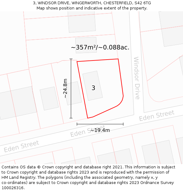 3, WINDSOR DRIVE, WINGERWORTH, CHESTERFIELD, S42 6TG: Plot and title map