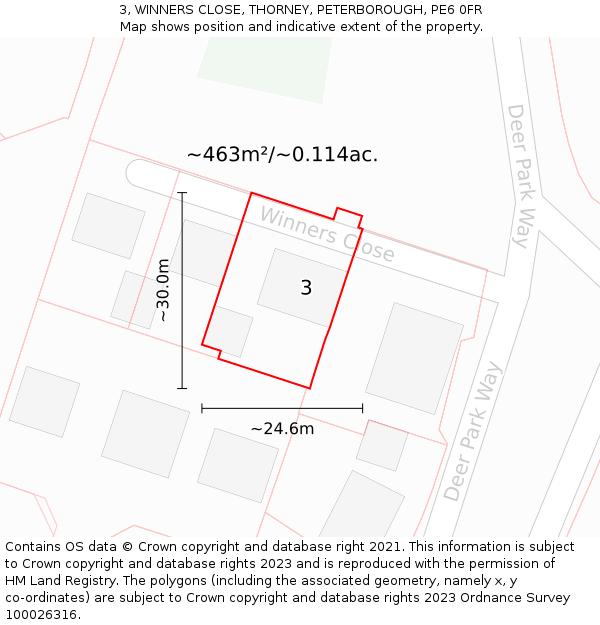 3, WINNERS CLOSE, THORNEY, PETERBOROUGH, PE6 0FR: Plot and title map