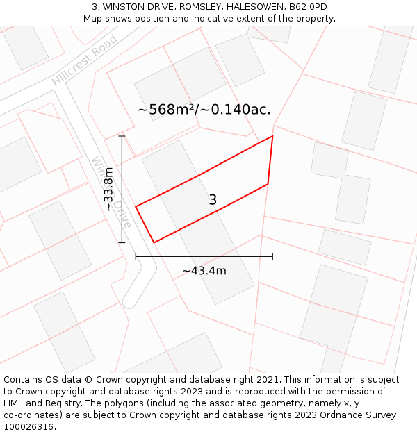 3, WINSTON DRIVE, ROMSLEY, HALESOWEN, B62 0PD: Plot and title map