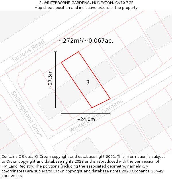 3, WINTERBORNE GARDENS, NUNEATON, CV10 7GF: Plot and title map