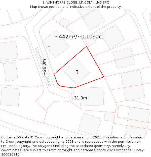 3, WINTHORPE CLOSE, LINCOLN, LN6 3PQ: Plot and title map