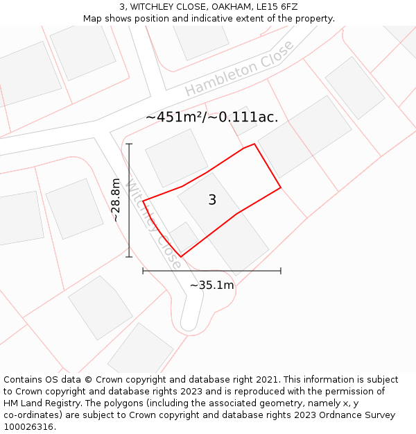 3, WITCHLEY CLOSE, OAKHAM, LE15 6FZ: Plot and title map
