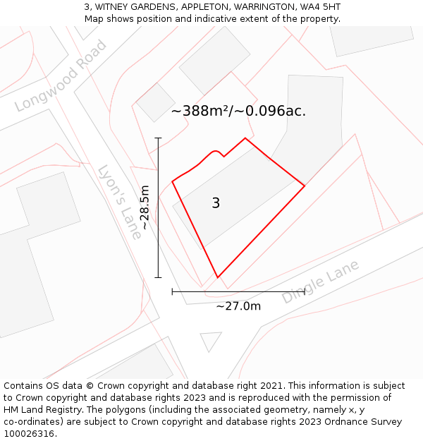 3, WITNEY GARDENS, APPLETON, WARRINGTON, WA4 5HT: Plot and title map