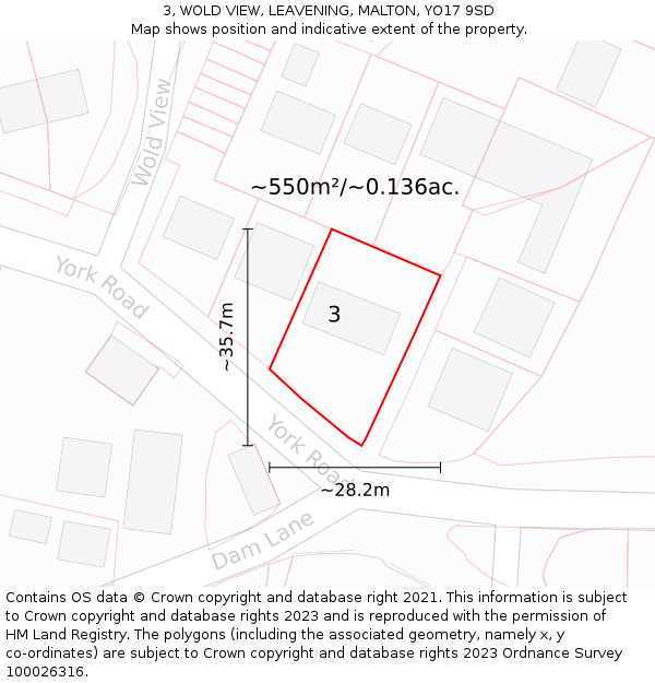3, WOLD VIEW, LEAVENING, MALTON, YO17 9SD: Plot and title map