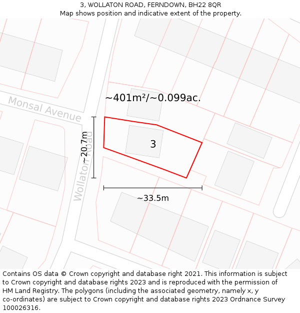 3, WOLLATON ROAD, FERNDOWN, BH22 8QR: Plot and title map