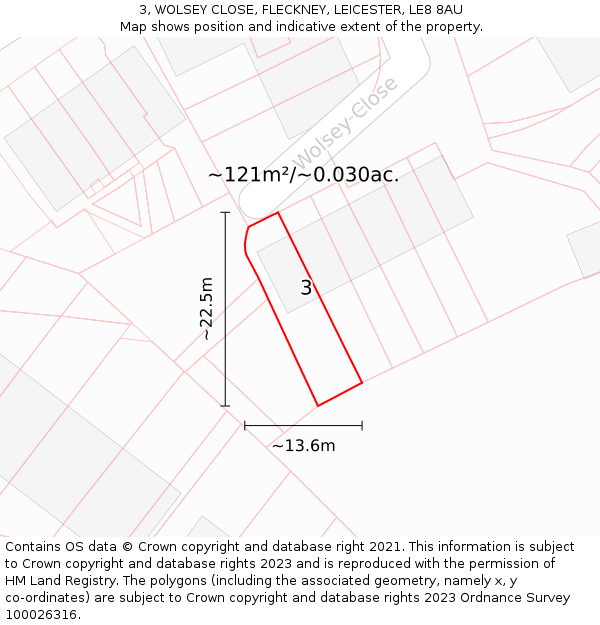 3, WOLSEY CLOSE, FLECKNEY, LEICESTER, LE8 8AU: Plot and title map