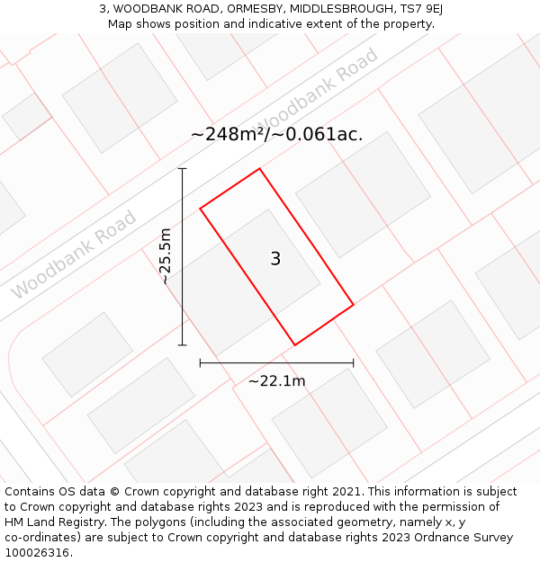3, WOODBANK ROAD, ORMESBY, MIDDLESBROUGH, TS7 9EJ: Plot and title map