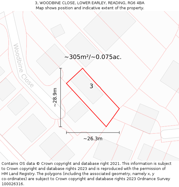 3, WOODBINE CLOSE, LOWER EARLEY, READING, RG6 4BA: Plot and title map