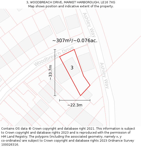 3, WOODBREACH DRIVE, MARKET HARBOROUGH, LE16 7XG: Plot and title map