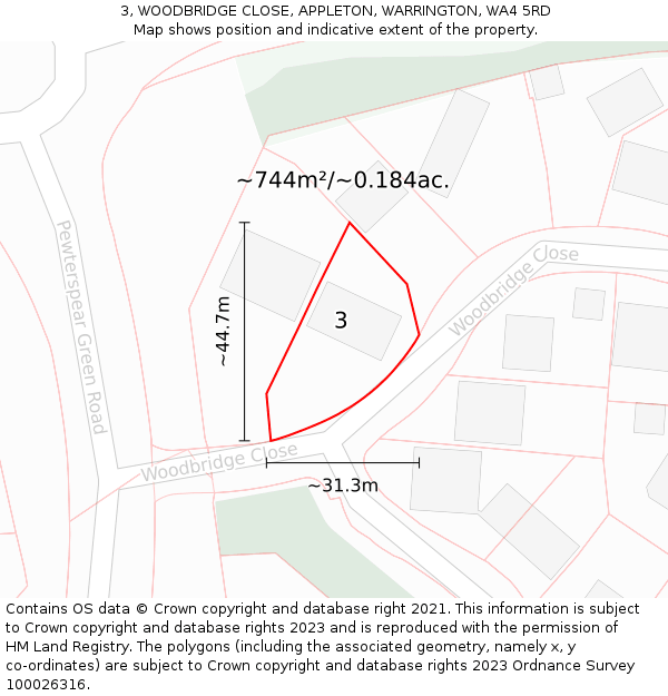 3, WOODBRIDGE CLOSE, APPLETON, WARRINGTON, WA4 5RD: Plot and title map
