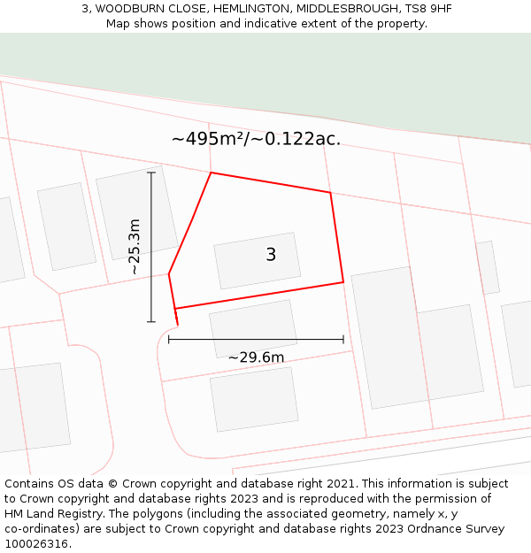 3, WOODBURN CLOSE, HEMLINGTON, MIDDLESBROUGH, TS8 9HF: Plot and title map