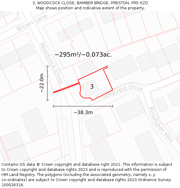 3, WOODCOCK CLOSE, BAMBER BRIDGE, PRESTON, PR5 6ZD: Plot and title map