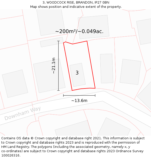 3, WOODCOCK RISE, BRANDON, IP27 0BN: Plot and title map