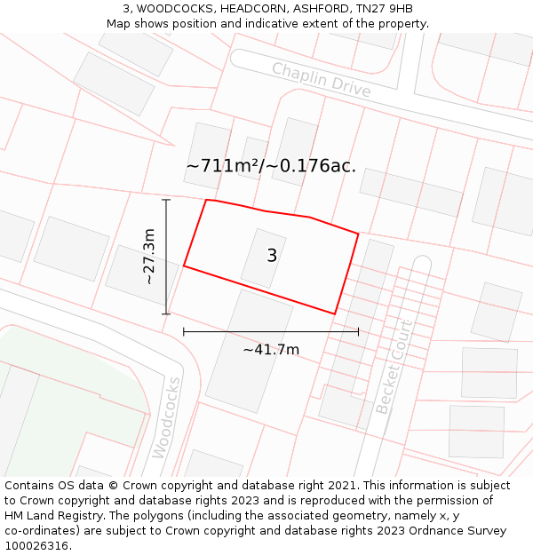 3, WOODCOCKS, HEADCORN, ASHFORD, TN27 9HB: Plot and title map