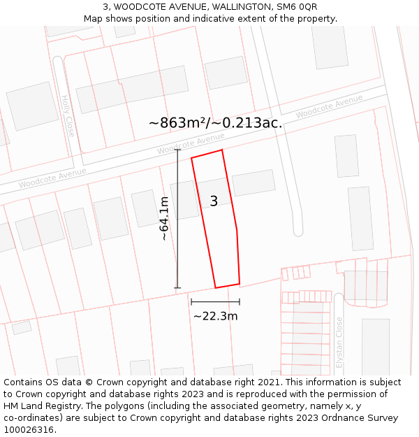 3, WOODCOTE AVENUE, WALLINGTON, SM6 0QR: Plot and title map