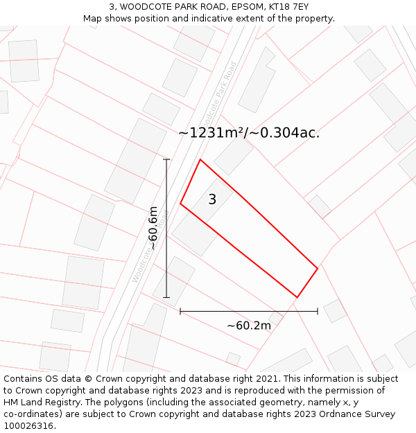 3, WOODCOTE PARK ROAD, EPSOM, KT18 7EY: Plot and title map