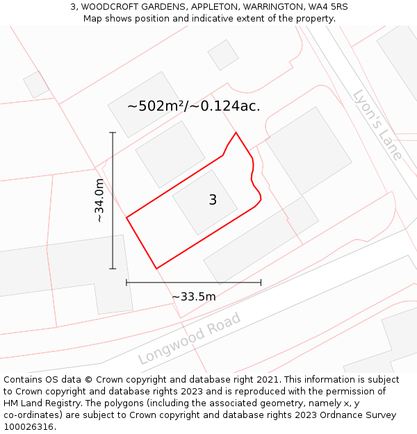3, WOODCROFT GARDENS, APPLETON, WARRINGTON, WA4 5RS: Plot and title map