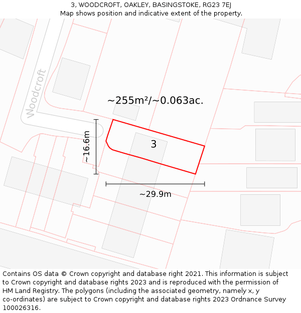 3, WOODCROFT, OAKLEY, BASINGSTOKE, RG23 7EJ: Plot and title map