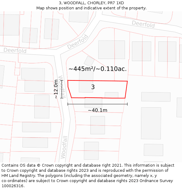 3, WOODFALL, CHORLEY, PR7 1XD: Plot and title map