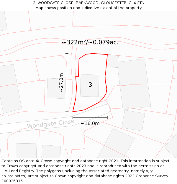 3, WOODGATE CLOSE, BARNWOOD, GLOUCESTER, GL4 3TN: Plot and title map