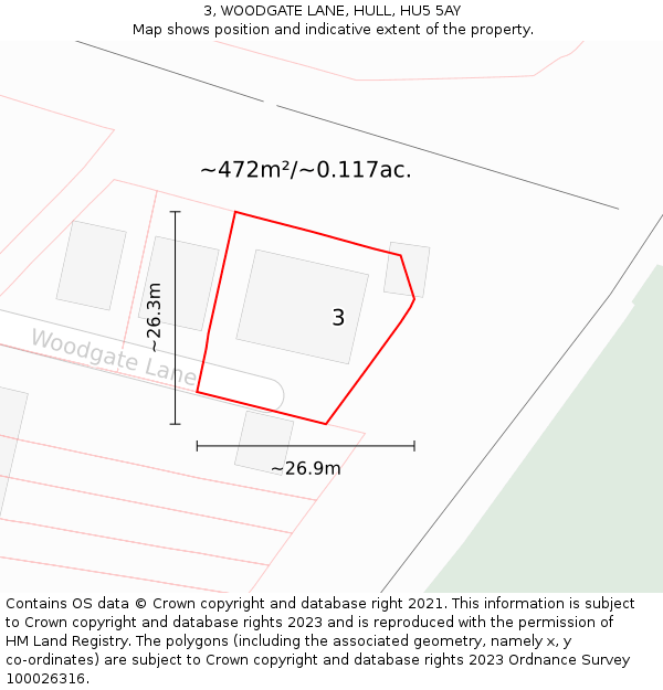 3, WOODGATE LANE, HULL, HU5 5AY: Plot and title map