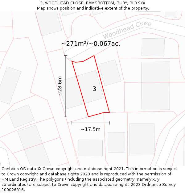 3, WOODHEAD CLOSE, RAMSBOTTOM, BURY, BL0 9YX: Plot and title map