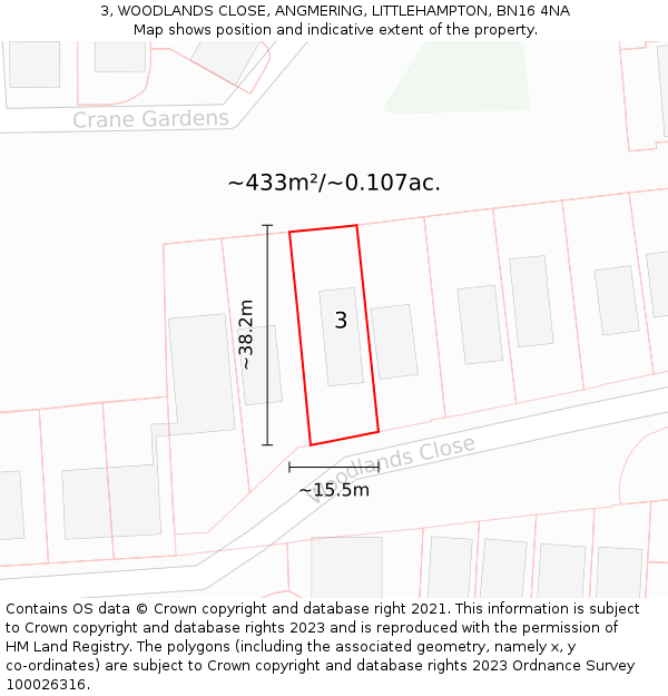 3, WOODLANDS CLOSE, ANGMERING, LITTLEHAMPTON, BN16 4NA: Plot and title map